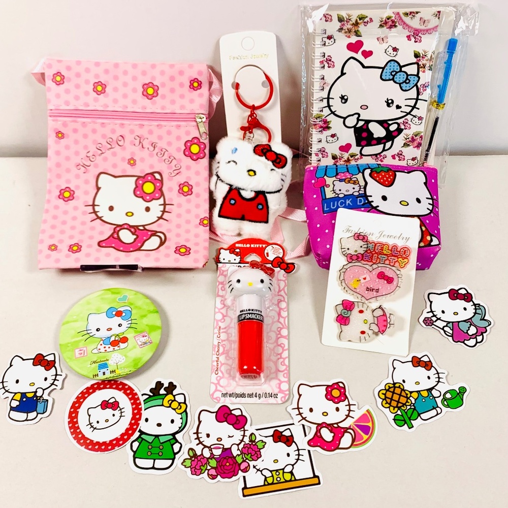 Hello Kitty pink Bundle Sanrio accessories/mirror/stickers/hair clips/lip gloss